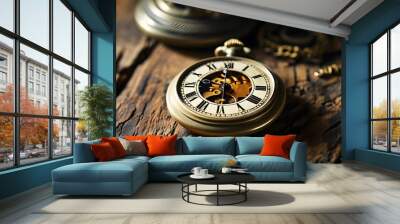 Vintage pocket watch resting on weathered wooden desk, detailed view of intricate clock face and aged surroundings Wall mural