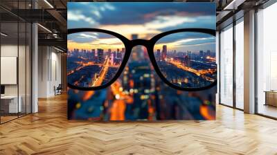 Visionary Urban Landscape Through Eyeglasses at Dusk with Vibrant City Lights, Symbolizing Clarity and Perspective Wall mural