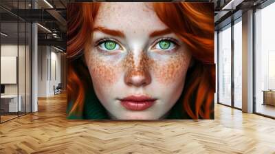 Vivid close-up portrait highlighting striking green eyes, vibrant red hair, and charming freckles Wall mural