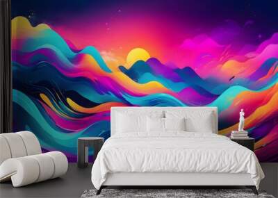 Vivid neon wave landscape illuminated by a breathtaking sunset Wall mural