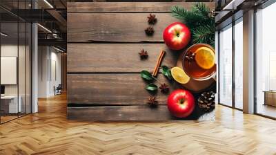 Warm apple tea with lemon slices on rustic wood, perfect for winter gatherings and holiday celebrations, ideal for culinary blogs and festive banners Wall mural