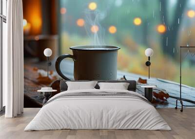 Warm Sanctuary of Comfort on a Rainy Day with a Steamy Cup of Joy Wall mural