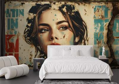 Weathered allure of vintage grunge posters featuring a womans face amid torn placards Wall mural