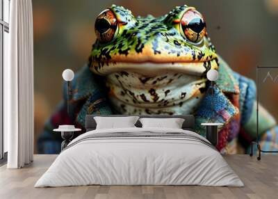 whimsical frog with patchwork quilt-like skin blending into a colorful natural setting Wall mural