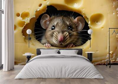 Whimsical Mouse Peeking Through Swiss Cheese Hole in Playful Closeup Wall mural