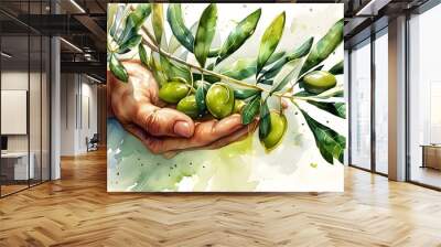 Whimsical watercolor portrayal of hands cradling fresh olives intertwined with lush leaves, celebrating organic farming and Mediterranean culinary delights Wall mural