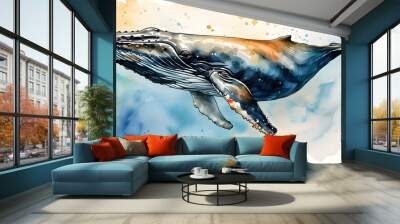 Whimsical Watercolor Portrayal of Majestic Whale Swimming in Tranquil Ocean Waters Wall mural