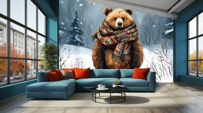 Whimsical winter scene featuring a bear adorned in a patterned scarf amidst a snow-dusted landscape Wall mural