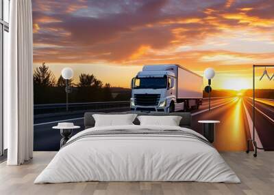 White delivery van cruising along the highway with a stunning sunset backdrop Wall mural