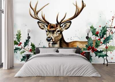 Winter deer adorned with holly leaves in watercolor, celebrating the spirit of Christmas and the beauty of nature in a festive holiday setting Wall mural