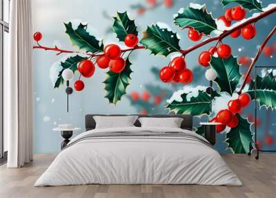 Winter holly branches adorned with bright red berries, festive nature illustration perfect for Christmas and New Year celebrations, ideal for wallpaper or greeting cards Wall mural