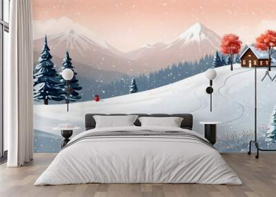 Winter wonderland featuring a serene snowy landscape, scattered trees, and majestic mountains under a clear blue sky Wall mural