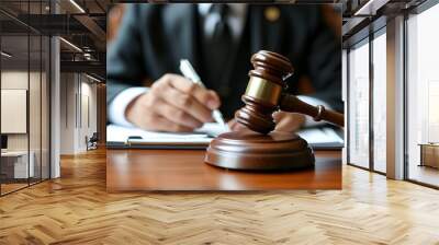 Wooden judges gavel on desk with suited individual writing legal documents in background Wall mural