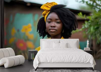 Young African woman in vibrant yellow top against an outdoor backdrop Wall mural