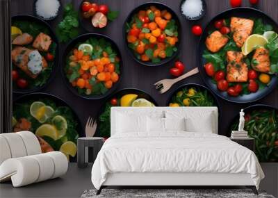 Zesty Grilled Salmon Fillet Garnished with Fresh Lemon and Juicy Tomatoes Wall mural