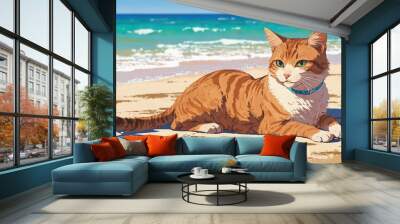 A cat in a swimsuit sunbathes on the beach, with sand and the blue sea in the background. Wall mural