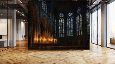 A Gothic cathedral with spires reaching into the clouds, stained glass windows depicting biblical stories. The interior is spacious and bright, with candlelight from candelabras casting a warm glow. Wall mural