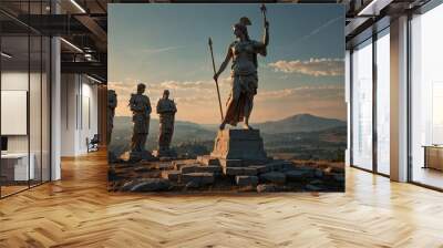 A statue of Athena standing at the highest point on the battlefield, holding a spear, with fallen soldiers scattered across the landscape. Wall mural