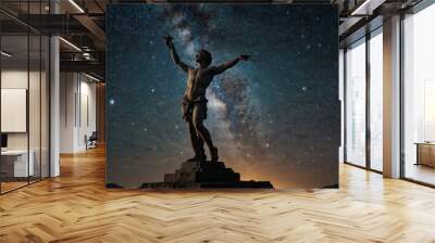 A statue of Eros standing against a backdrop of stars, holding starlight, with a mysterious starry sky as the backdrop. Wall mural