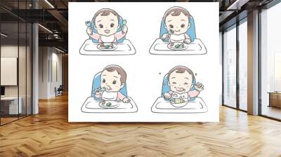 Baby eating baby food. Vector illustration. Wall mural