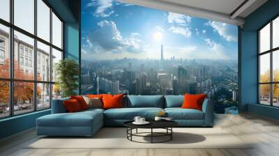 Blue sky and white clouds and city architecture Wall mural