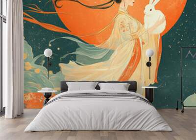 Mid-Autumn Festival August 15 Chang 'e holding the jade rabbit running to the moon illustration
 Wall mural