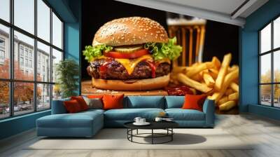 A mouthwatering close-up of an oversized, juicy burger with fries and a cola on the side Wall mural