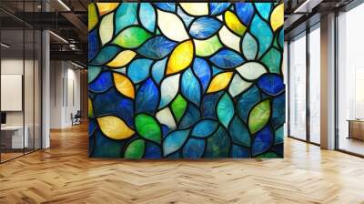 Stained Glass of Blue, green and yellow small leaves pattern background Wall mural