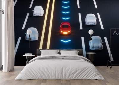 Autonomous Self Driving Car Moving through highway, Autopilot and sensing systems, 3d rendering. Wall mural