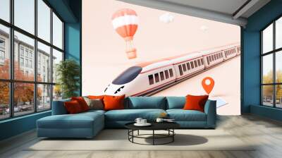 Hot balloon and cartoon high-speed train in the pink background, 3d rendering. Wall mural