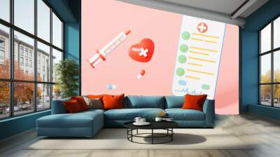 Medical examination report display from mobile and injector with pink background, 3d rendering. Wall mural