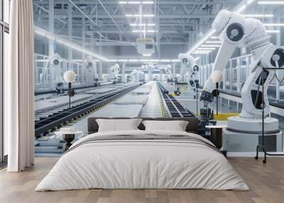 Advanced electric vehicle battery production line with robotic arms assembling lithium-ion cells. Futuristic factory interior featuring conveyor belts, technicians in clean room suits, high-tech machi Wall mural