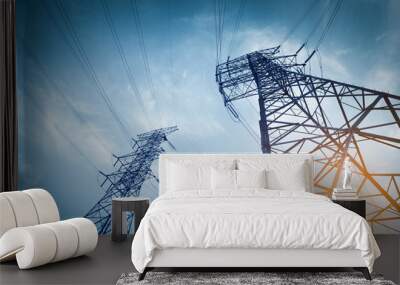 high voltage post.High-voltage tower sky background. Wall mural