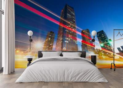 Honggutan New District of Nanchang financial center under traffic flow at night Wall mural