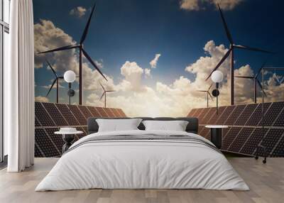 Solar panels and wind turbines on the vast grasslands at sunset Wall mural