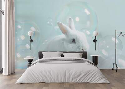 A cute white bunny and bubbles Wall mural