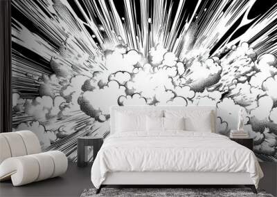 Black and white vector comic book-style illustration depicting a dramatic sky with thick clouds and a bright light bursting through in an explosion effect, capturing a powerful and dynamic scene. Wall mural