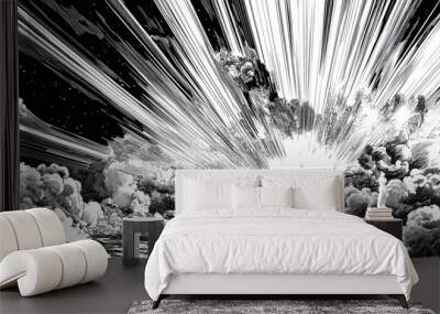 Black and white vector comic book-style illustration depicting a dramatic sky with thick clouds and a bright light bursting through in an explosion effect, capturing a powerful and dynamic scene. Wall mural