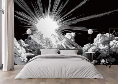 Black and white vector comic book-style illustration depicting a dramatic sky with thick clouds and a bright light bursting through in an explosion effect, capturing a powerful and dynamic scene. Wall mural