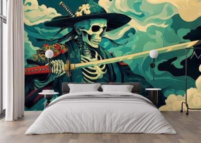 Captivating vector illustration of a skeleton samurai in elegant Japanese armor and hat, wielding a katana. The high-resolution image features a dark blue-green smoke wave pattern background, presente Wall mural