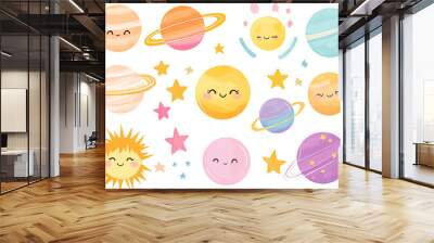 Pastel-Colored Vector Set of Adorable Planets, Sun, and Stars in Kawaii Style, Ideal for Baby Room Wallpaper or Sticker Print, Isolated on White Background

 Wall mural