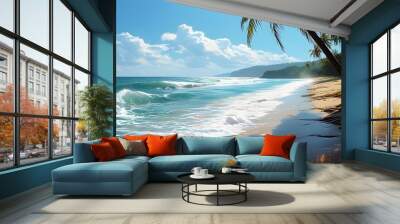 A peaceful scene of sunny beach, swaying coconut trees and gentle waves beating on the beach. Wall mural