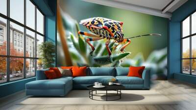 A spotted bug rests on a plant, surrounded by a blurred background and clear details. Wall mural