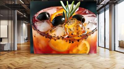 Above the colorful drink, ice cubes and olives are dotted with ice, giving off a cool atmosphere. Wall mural