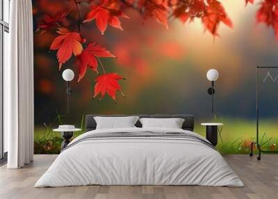 Autumn red leaves stand quietly on the grass, with a soft background and full of poetry. Wall mural