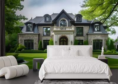 Beautiful house, green front yard, elegant architectural style, surrounded by trees. Wall mural