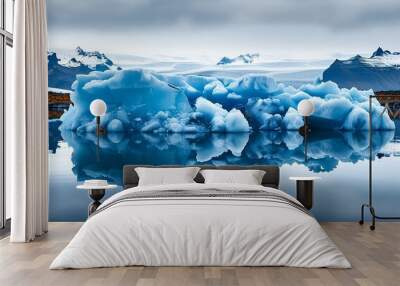 Blue ice blocks float on the calm water, showing the natural scenery of the Arctic. Wall mural