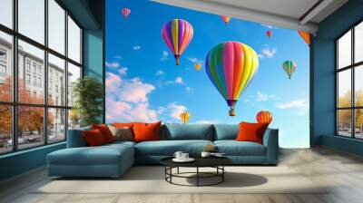 Colorful hot air balloons fly against a blue sky background, creating a fresh and natural scene. Wall mural