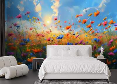 Colorful wild flowers sway in the sun, there are fuzzy figures in the distance, and the blue sky and white clouds look peaceful and beautiful. Wall mural