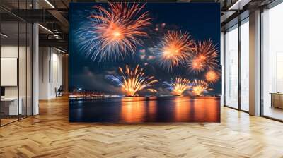 Fireworks blooming in the night sky and bright city streets create a romantic atmosphere. Wall mural